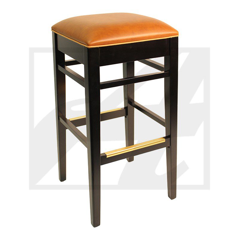Tall wooden bar stool with orange cushioned seat and footrest.