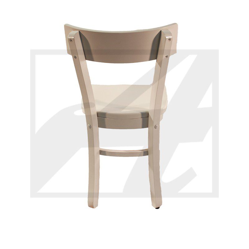 Minimalist wooden chair with a light finish, viewed from the back.